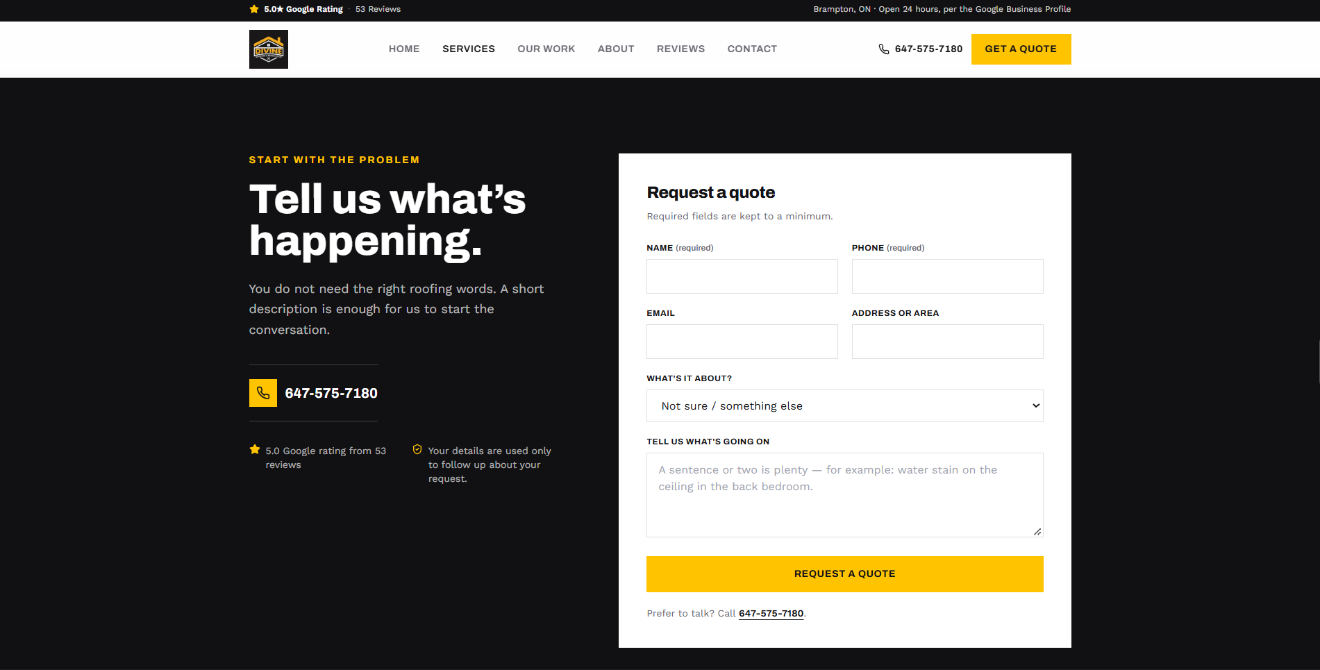 Concept design, short quote form asking for a name and phone number