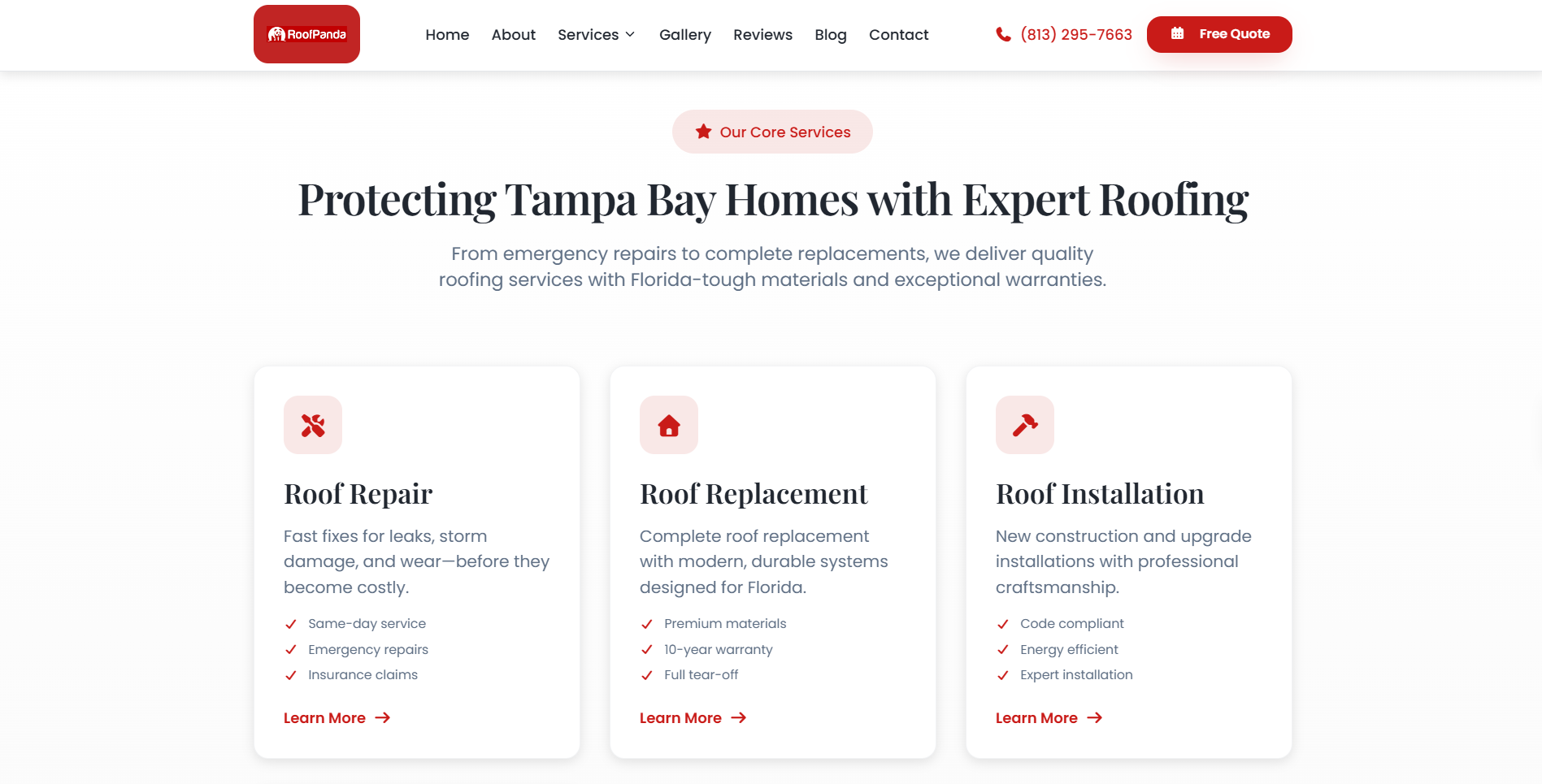 Concept design, services and roofing materials page
